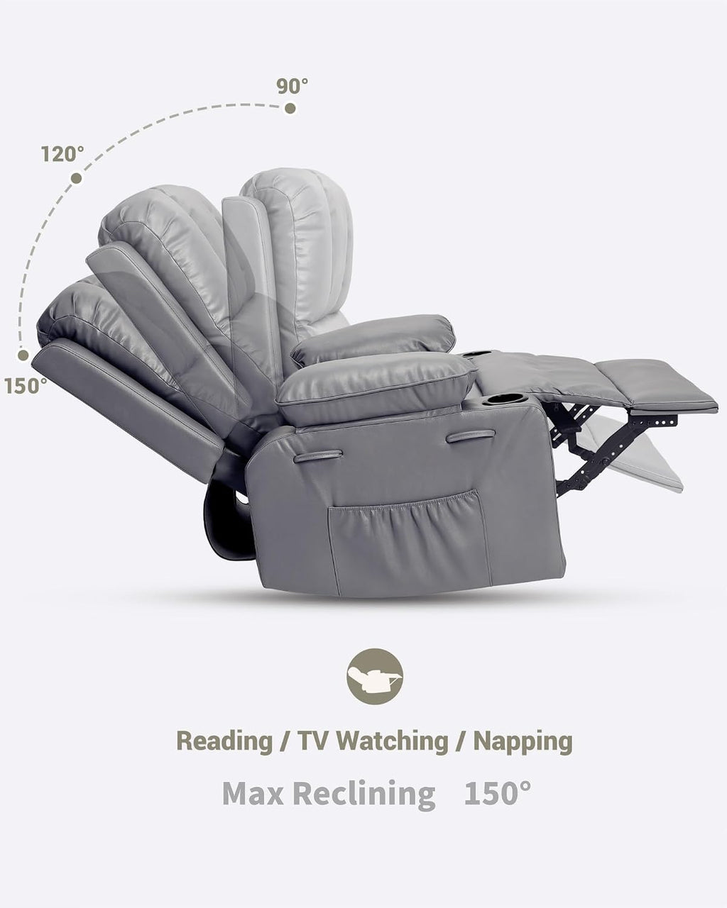 22 in Leather Recliner Chair for Adults, Overstuffed Manual Recliner Chair, Single Sofa with Cup Holder and Side Pockets, Upholstered Chair for Living Rooms, Gray