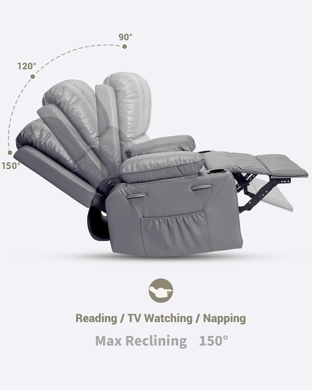 22 in Leather Recliner Chair for Adults, Overstuffed Manual Recliner Chair, Single Sofa with Cup Holder and Side Pockets, Upholstered Chair for Living Rooms, Gray