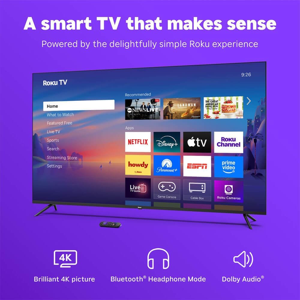 Roku 50-Inch Select Series 4K UHD Smart TV - HDR, Dolby Audio, Compatible with Alexa, Voice Remote, Bluetooth Mode, w/AUX HDMI Cable, CPS 1-Year Protection Plan + Streaming kit