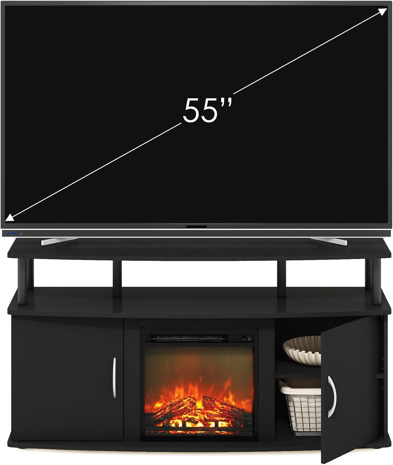 Furinno Jensen TV Stand with Fireplace, Entertainment Center, TV Console for TV up to 55 Inch and Open Shelf, Storage Cabinet, for Living Room, Bedroom, Dark Americano