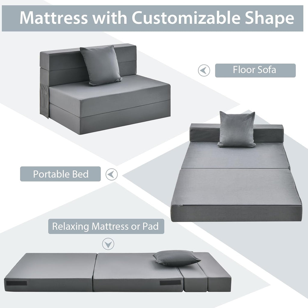 Giantex 6 Inch Folding Sofa Bed Couch with Pillow, Tri-fold Mattress with High-Density Foam, Foldable Floor Couch with Headrest, Portable Guest Bed with Zippered & Washable Cover, Dark Grey
