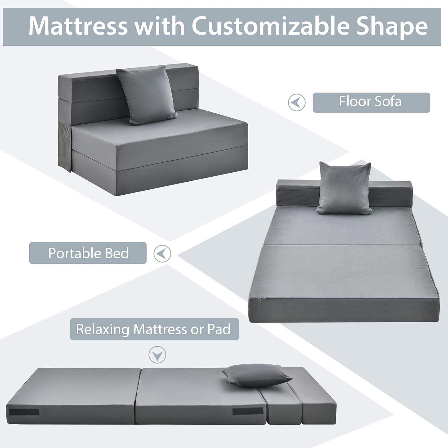 Giantex 6 Inch Folding Sofa Bed Couch with Pillow, Tri-fold Mattress with High-Density Foam, Foldable Floor Couch with Headrest, Portable Guest Bed with Zippered & Washable Cover, Dark Grey