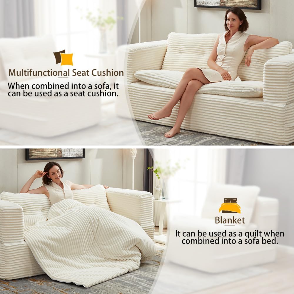 80'' Futon Sofa Bed, King Size Foldable Sleeper Sofa, Corduroy Boneless Loveseat Couch with Chaise Lounge, 3 Pillows, Blanket, Upholstered Sectional Couches for Living Room, Bedroom, Beige