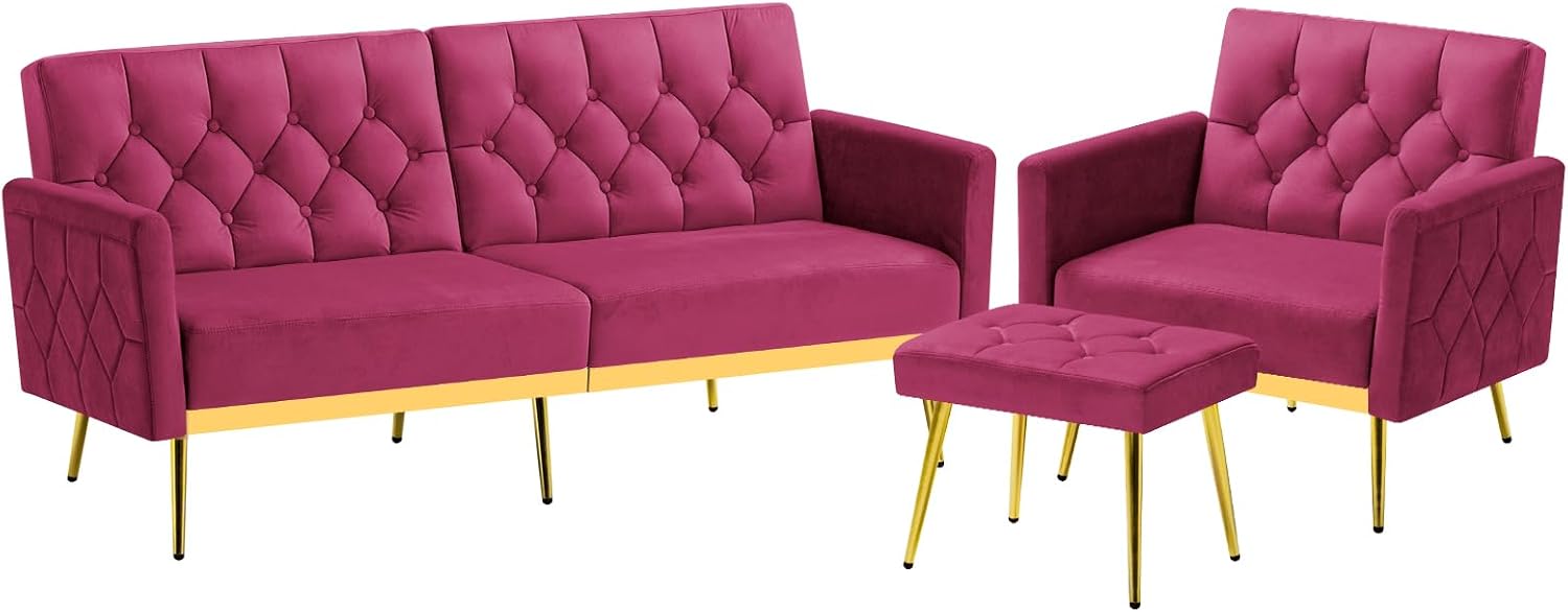 2 Pieces Velvet Sofa Set w/Adjustable Armrests and Backrests, Tufted Accent Chair w/Ottoman, Convertible Futon Sofa Bed for Bedroom, Living Room, Apartment, Fuchsia