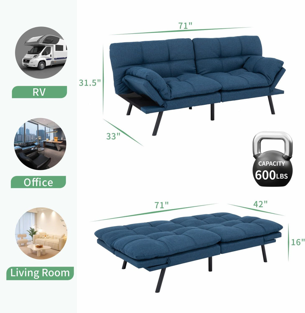 MUUEGM 71' Futon Sofa Bed, Convertible Couch Bed, Modern Loveseat with Adjustable Backrest&Armrest, Sofas for Living Room,Game Room,Dormitory,Office.Blue Fabric