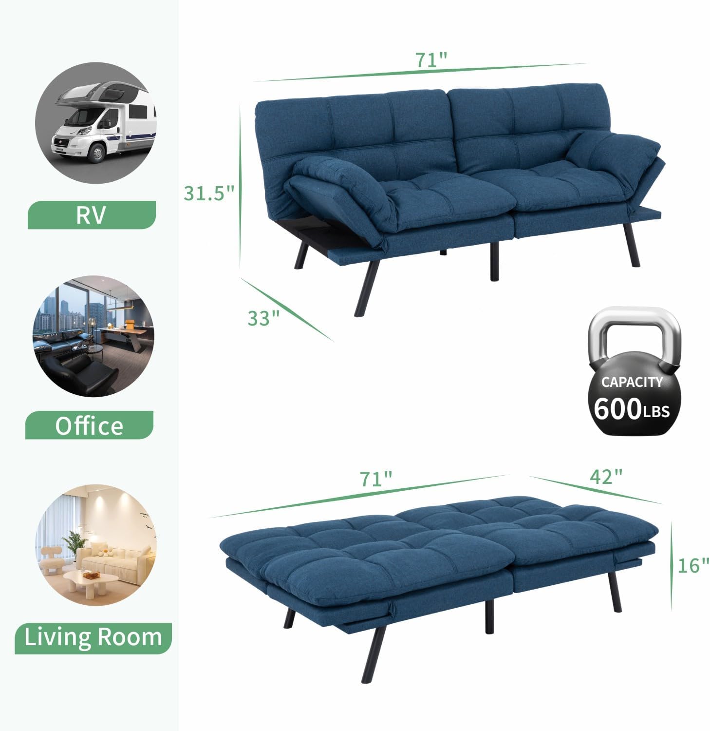 MUUEGM 71' Futon Sofa Bed, Convertible Couch Bed, Modern Loveseat with Adjustable Backrest&Armrest, Sofas for Living Room,Game Room,Dormitory,Office.Blue Fabric