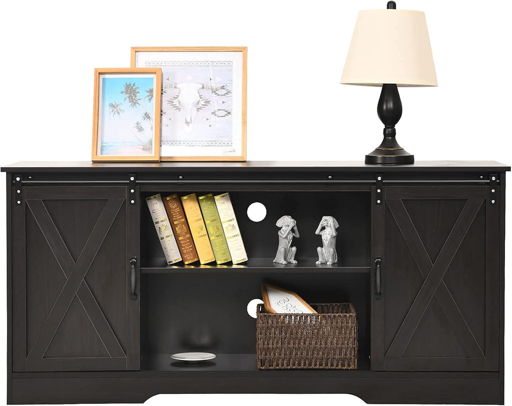 4 EVER WINNER 59' Farmhouse TV Stand, TV Entertainment Center with Sliding Barn Door & Adjustable Shelf for 65' TV, TV Stand for Living Room, Bedroom, Dark Brown