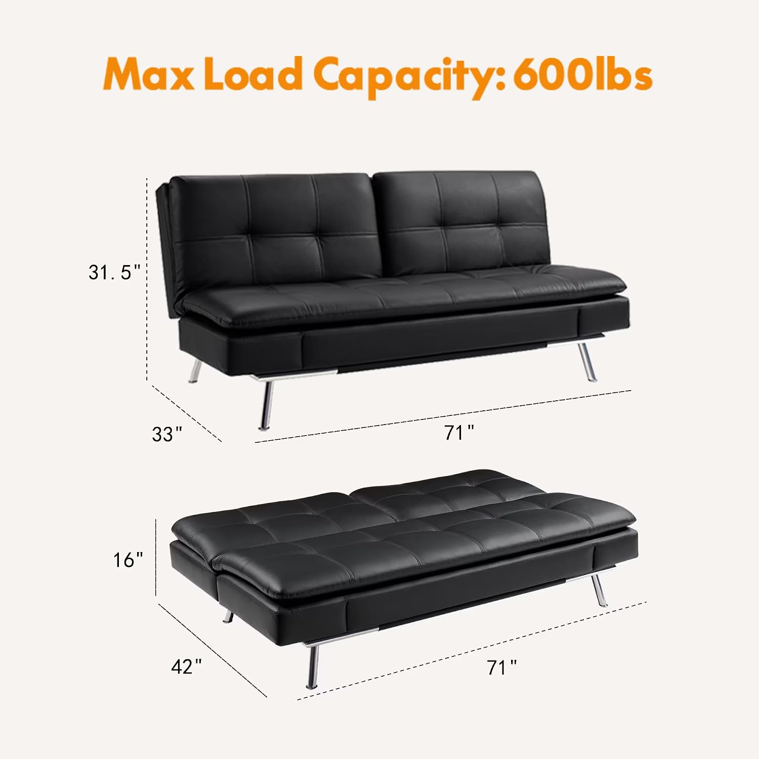 Modern Leather Convertible Folding Futon Couch Sofa Bed Adjustable Pillow Top Arm Memory Foam Couch Double Loveseat Sofa for Compact Living Space,Dorm,Game Studio,Apartment,Bedroom (Black PU)