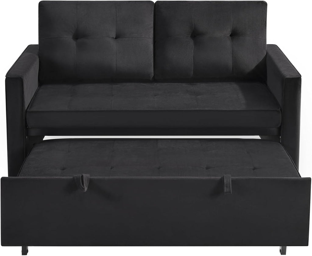 Sofa Bed, Pull Out Couch with Side Pockets, 3 in 1 Velvet Fabric Loveseat Sleeper Sofa Bed, Pull Out Couch with Adjustable Backrest for Living Room, Bedroom, Apartment, Black, 53 Inch