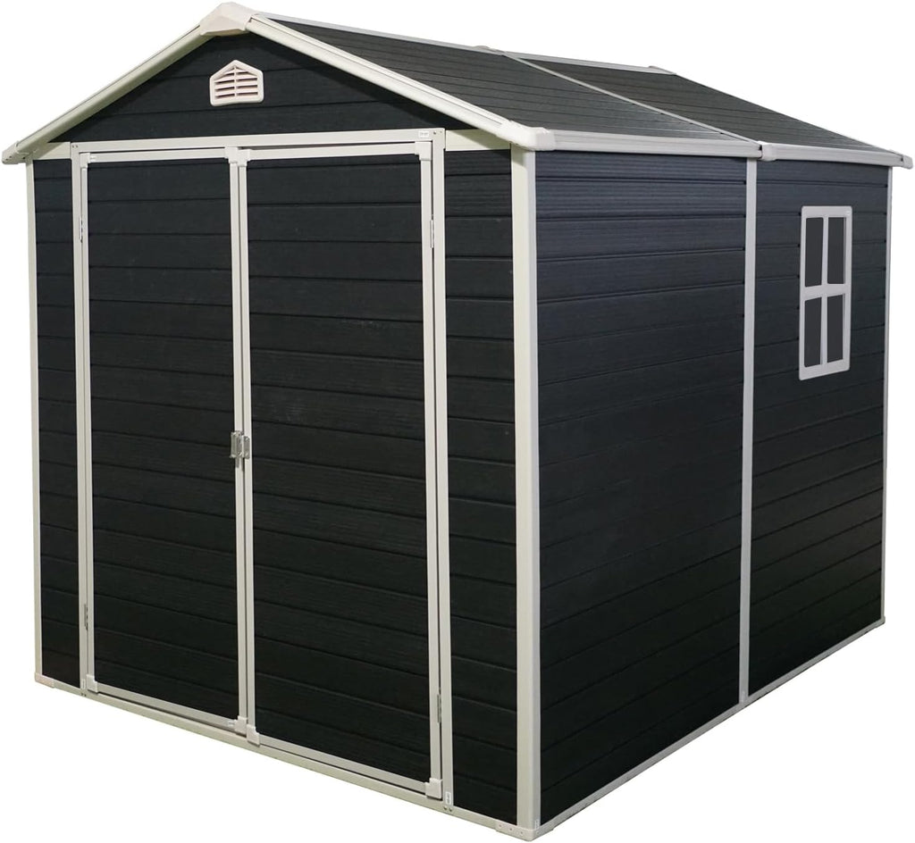 6x8 FT Outdoor Storage Shed, Resin Garden Shed with Thick Floor, Plastic Storage Shed with Window, Waterproof Outside Tool Shed with Lockable Hinged Doors for Backyard, Patio, Lawn, Black