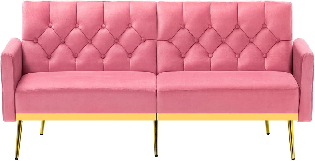 Velvet Futon Sofa Bed w/Adjustable Armrests & Backrests, Button Tufted Sleeper Couch, Modern Convertible Loveseat Sofa for Bedroom, Living Room, Apartment, Pink
