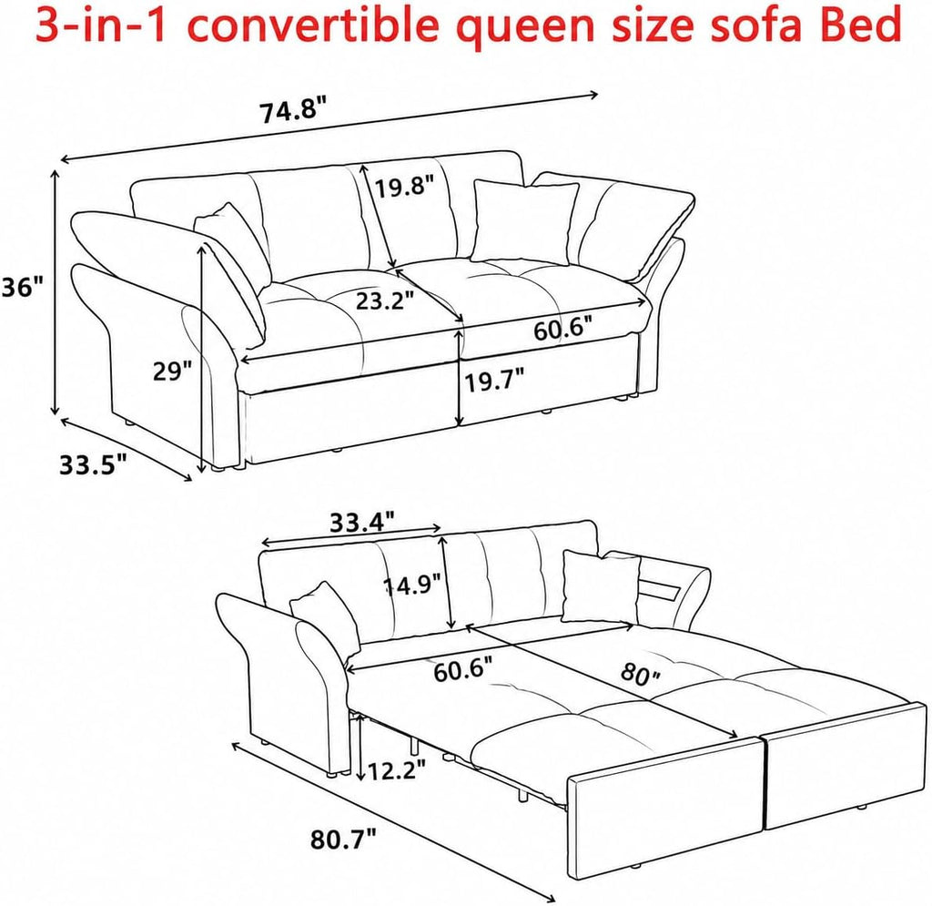 3-in-1 Multi-Functional Sleeper Sofa Bed Convertible Queen Size Pull Out Couch Bed, Tufted Velvet Cloud Loveseat with Pillow Armrest for Guest Room & Living Room