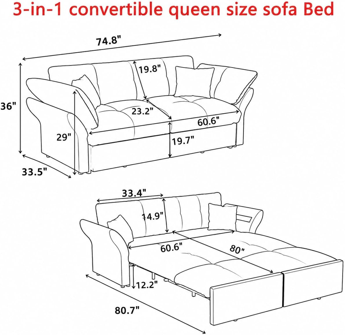 3-in-1 Multi-Functional Sleeper Sofa Bed Convertible Queen Size Pull Out Couch Bed, Tufted Velvet Cloud Loveseat with Pillow Armrest for Guest Room & Living Room