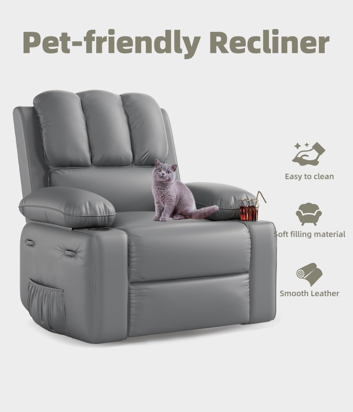 GarveeHome Oversized Recliner Chairs with 1.5X Sponge Filling, 360° Swivel Lazy Recliner Chair for Adults, Manual Rocking Chair with Cup Holder for Living Rooms, Bedrooms, and Nurseries