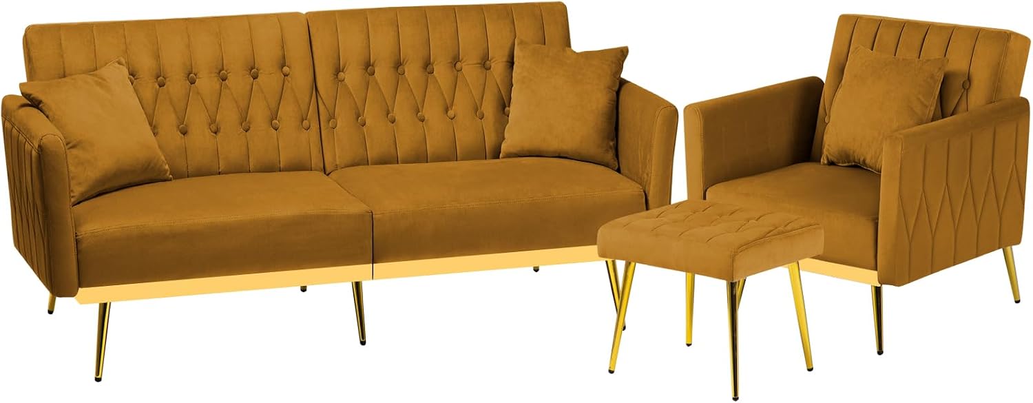 2 Pieces Velvet Sofa Set with Adjustable Armrest and Backrest, 70' Convertible Futon Sofa Bed & Mordern Accent Chair with Ottoman for Living Room, Bedroom, Ginger
