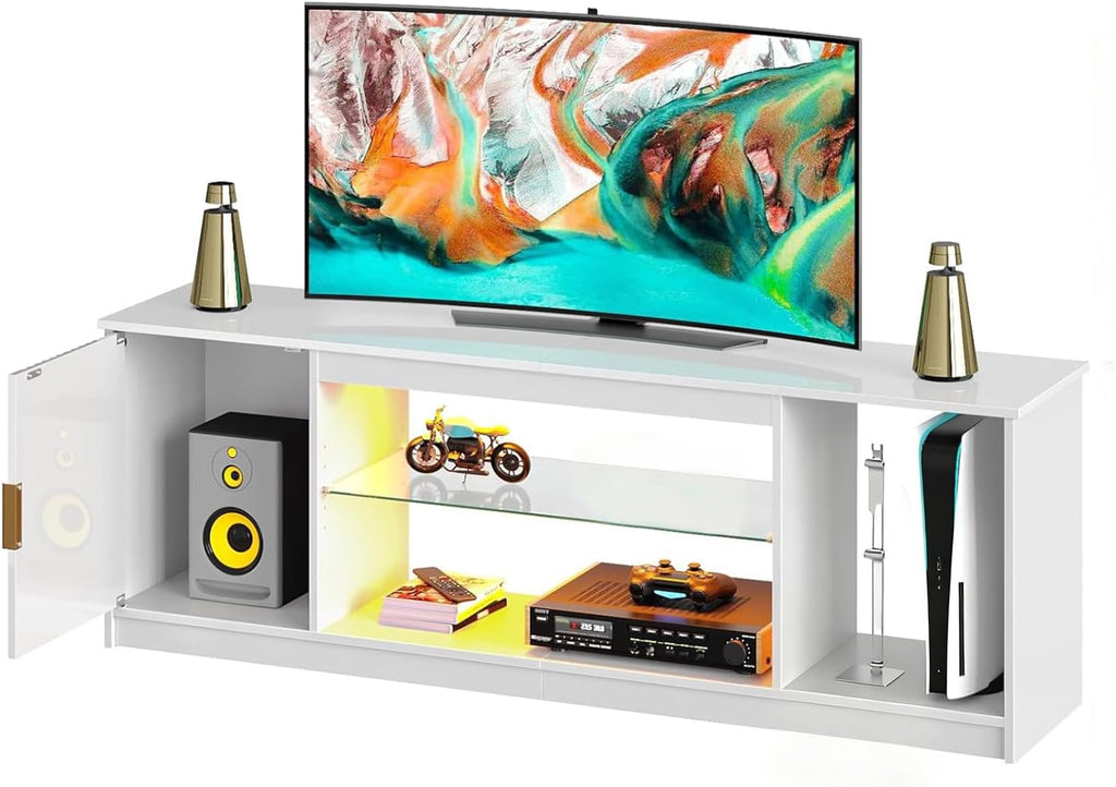 Bestier Glossy Fluted TV Stand for 65 Inch TV, Gaming LED Entertainment Center with Cabinet for PS5 Xbox, TV Console with Adjustable Glass Shelves for Living Room Bedroom, Bright White