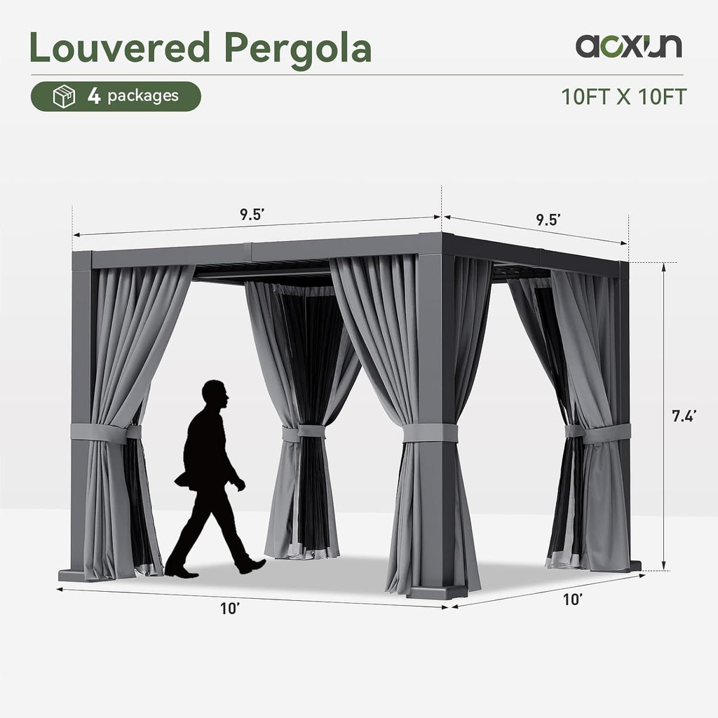 Aoxun Louvered Pergola 10' x 10' Outdoor Aluminum Pergola with Adjustable Top for Decks, Gardens and Backyards, Gray