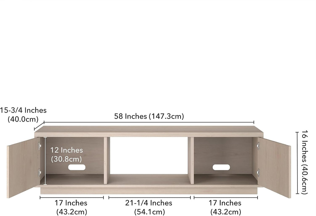 Henn&Hart Fluted TV Stand for TVs up to 65' with 2 Side Storage Cabinets and Open Center Storage for Living Room, Family Room, or Office, Beech White