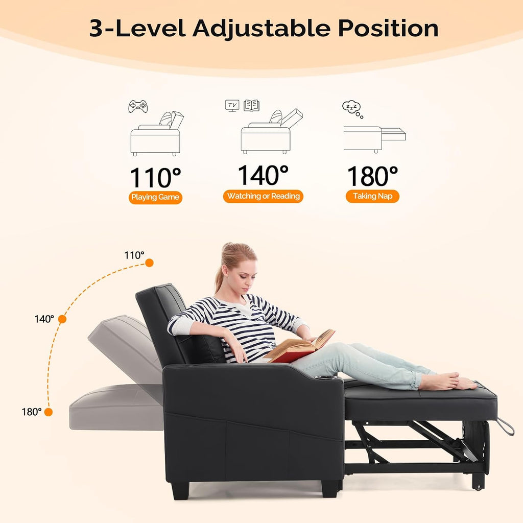 VINGLI Black Sleeper Chair Bed 3-in-1 Convertible Futon Sofa Bed Pull Out Couch Bed Adjustable Recliner Chair with USB Ports Cup Holders Side Pockets for Living Room Bedroom Small Spaces