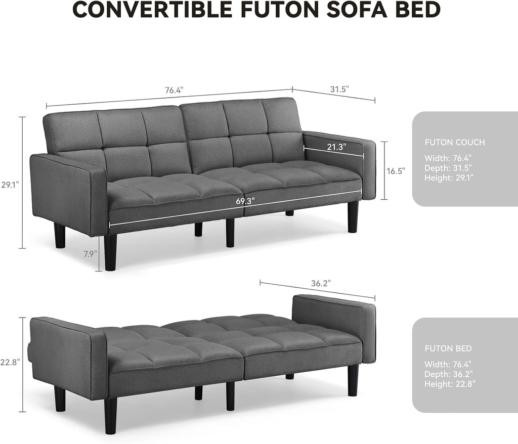 COMHOMA 76 inch Futon Sofa Bed, Mid Century Modern Futon Couch with Adjustable Backrest, Fabric Convertible Sofa Cama, Folding Sleeper Sofa for Living Room, Bedroom, Dark Gray