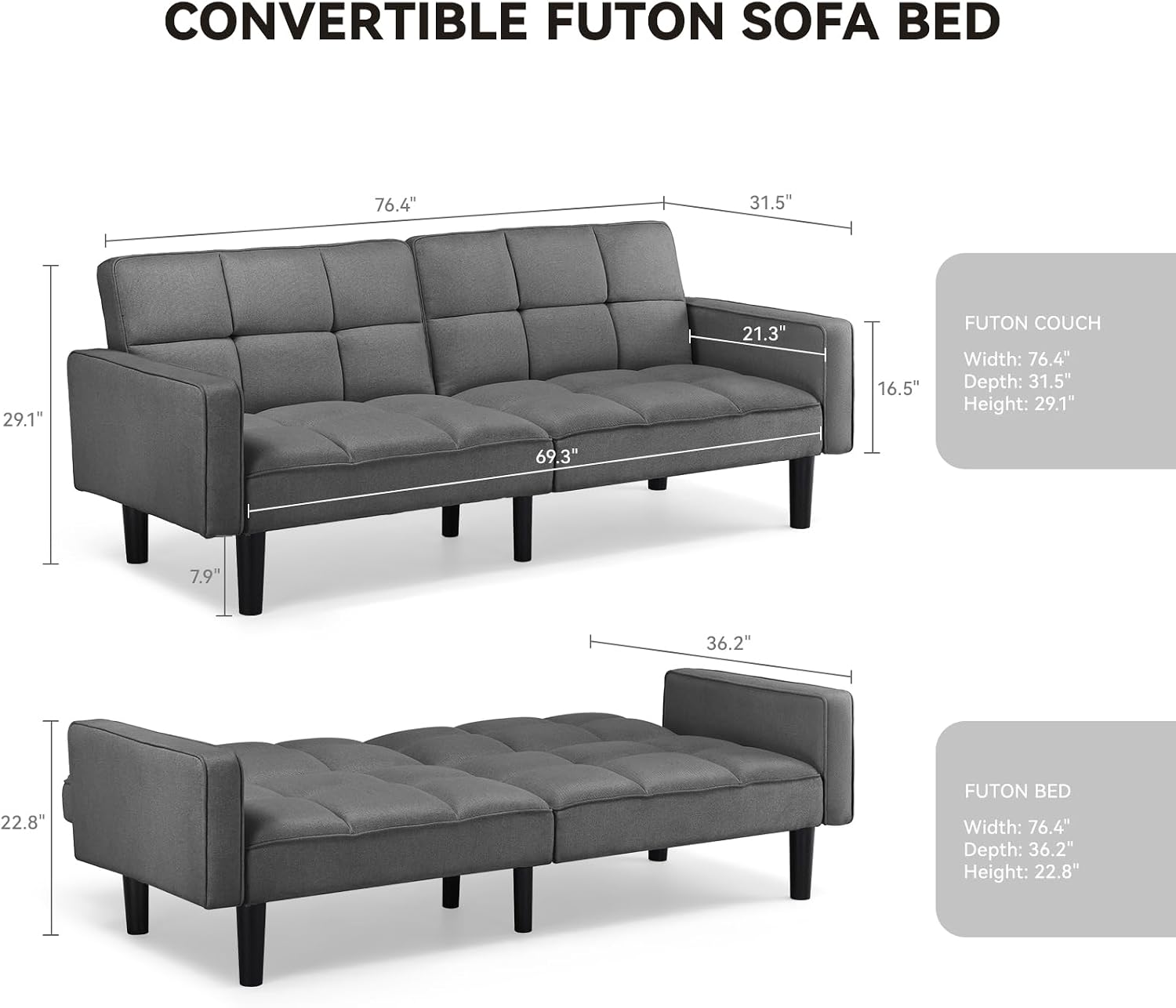 COMHOMA 76 inch Futon Sofa Bed, Mid Century Modern Futon Couch with Adjustable Backrest, Fabric Convertible Sofa Cama, Folding Sleeper Sofa for Living Room, Bedroom, Dark Gray