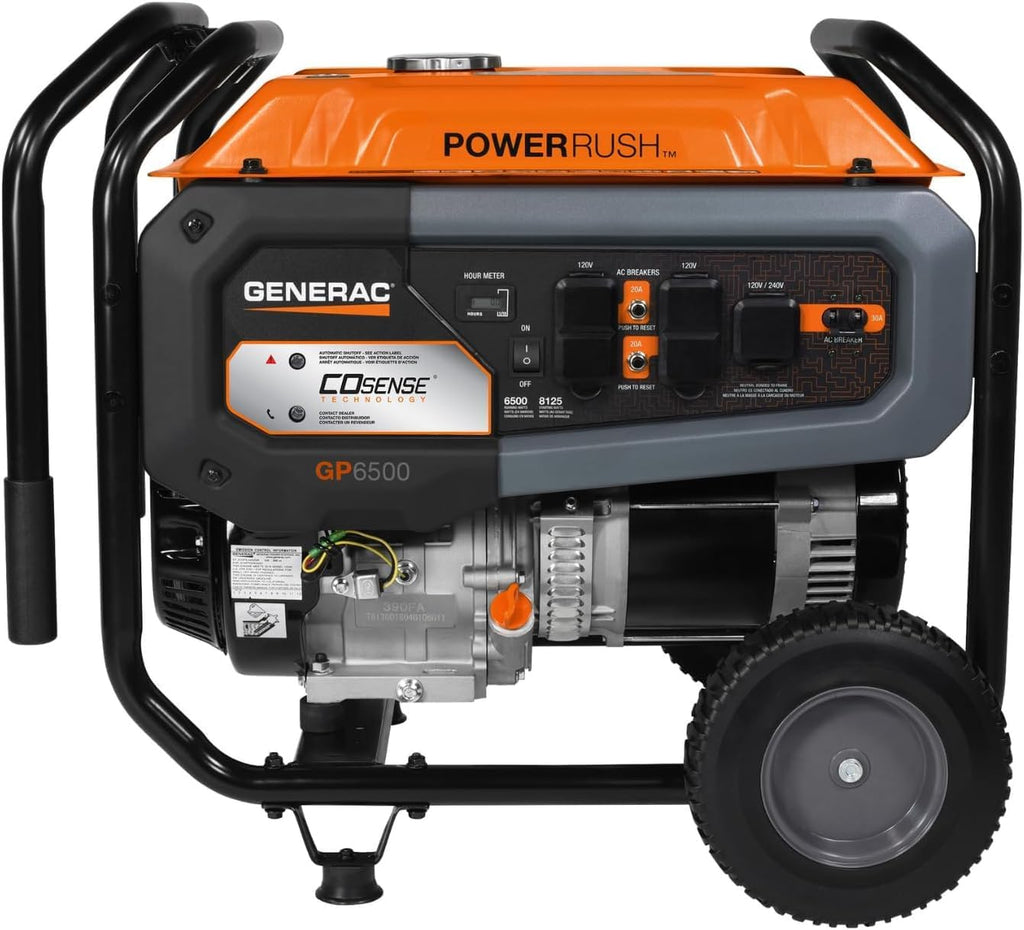 Generac 8,125 Starting Watt Portable Gas Generator, PowerRush Technology, COsense Carbon Monoxide Detection, 10.5 Hour Runtime, Heavy Duty Steel Frame, Home Backup Emergency, 49-State