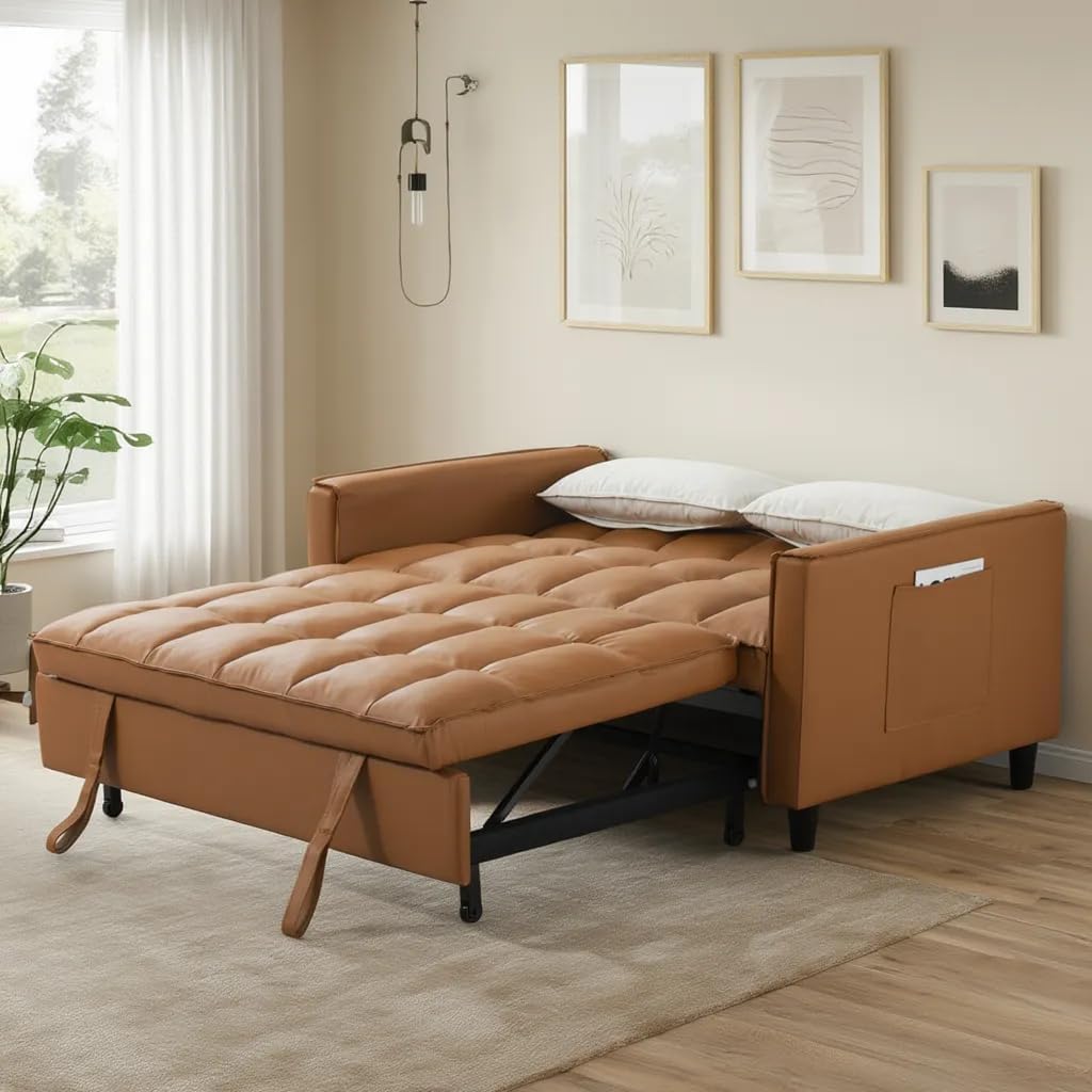 3 in 1 Convertible Sofa Bed, Love Seat Sleeper Bed with Side Pockets, PU Fabric Pull Out Couch with Adjustable Backrest for Living Room, Bedroom, Apartment, Brown