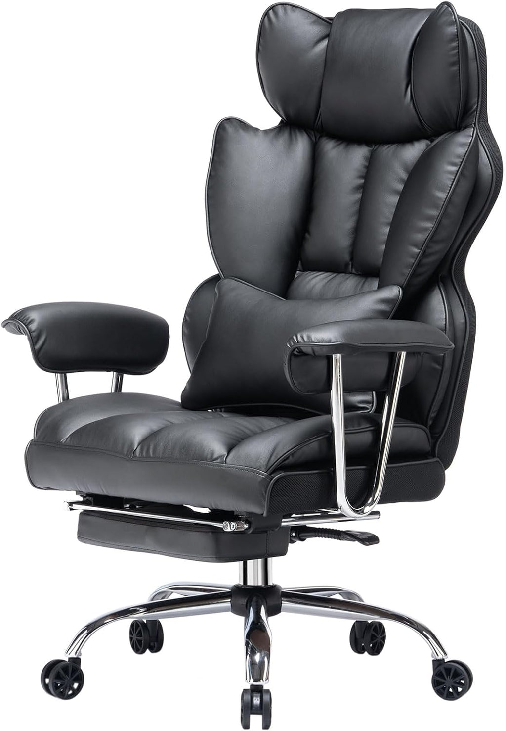 Efomao Big and Tall Office Chair 400lbs – High Back Executive Chair with Swivel Base, PU Leather Upholstery, Lumbar Pillow, Padded Armrests, and Rolling Wheels，Black Computer Chair