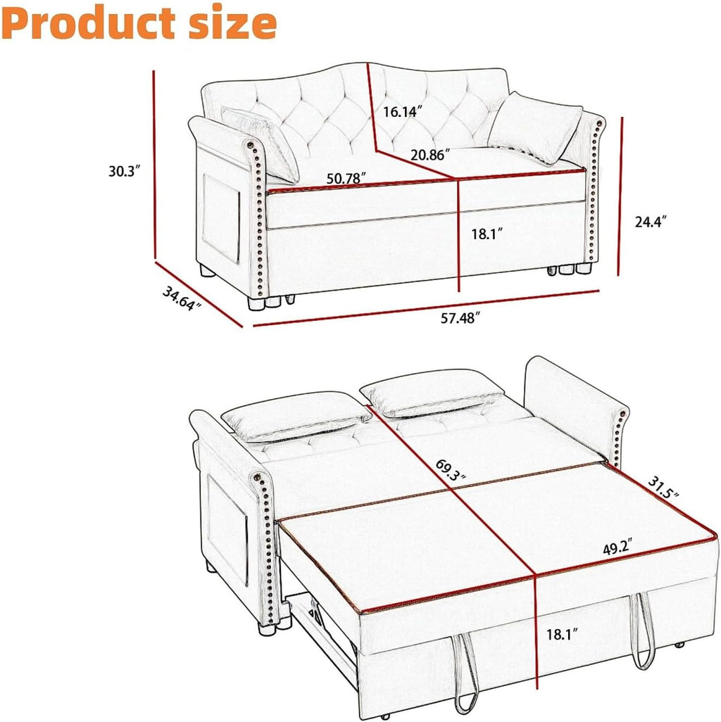 oaaktu 57-Inch Velvet Full Size Sleeper Sofa Couch with Pullout Bed,Convertible Pull Out with Golden Decorative Strip and Adjustable Backrest for Small Spaces,Apartment, Guest Room, RV (Grey)