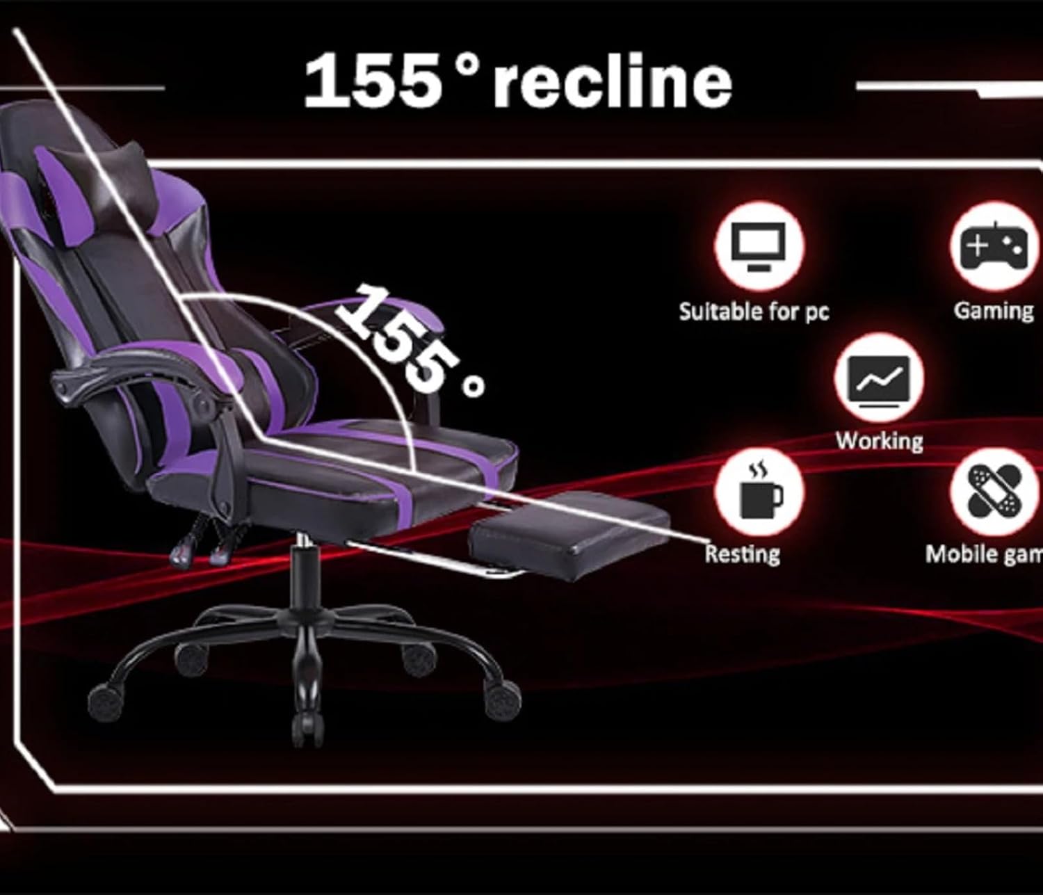 Video Game Chairs for Adults, PU Leather Gaming Chair with Footrest, 360° Swivel Adjustable Lumbar Pillow Gamer Chair, Comfortable Computer Chair for Heavy People, Purple