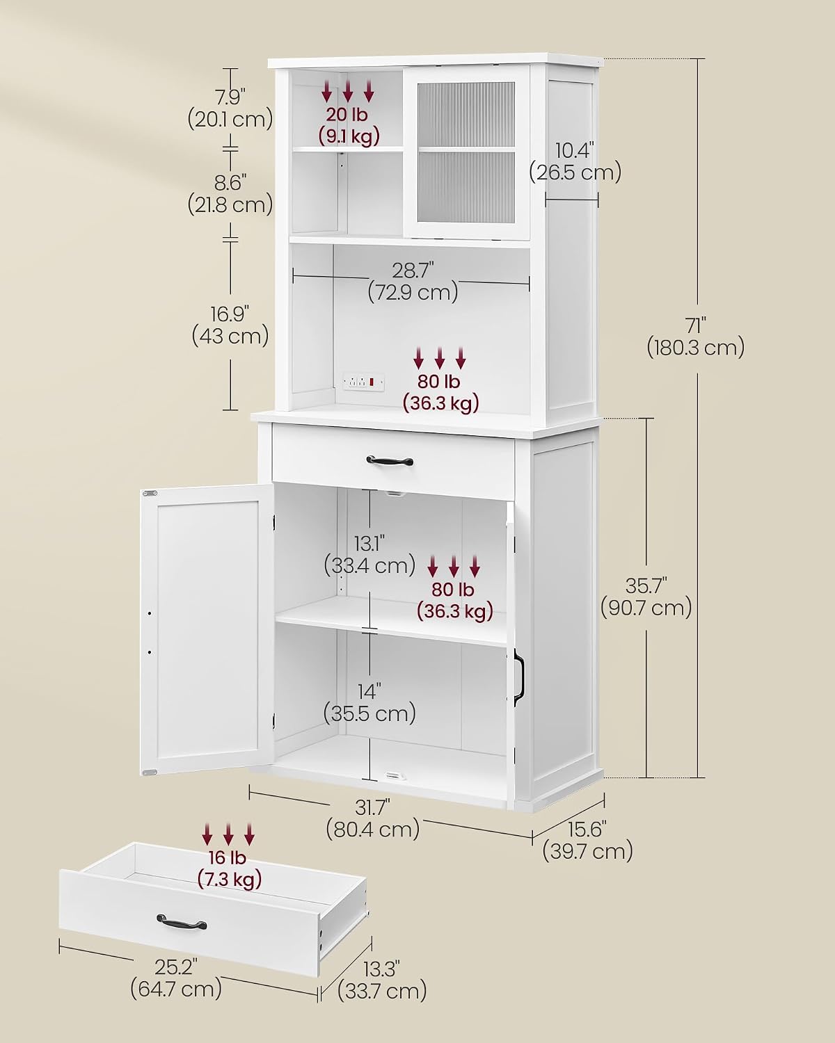 VASAGLE LIRY Collection - 71-Inch Tall Kitchen Pantry Cabinet with Lights and Charging Station, Coffee Bar Cabinet with Doors and Drawer, Farmhouse Style, Adjustable Shelves, Cloud White UBBK363W11