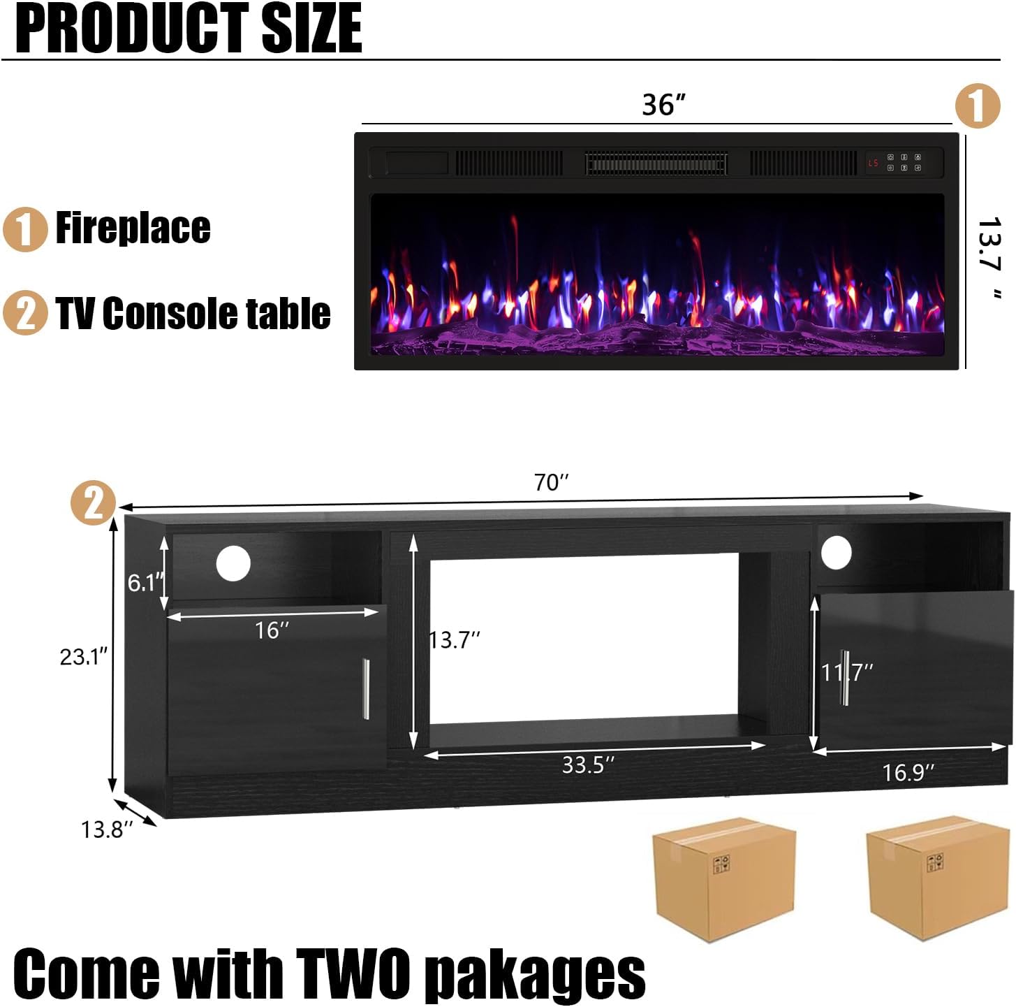 VITESSE Fireplace with TV Stand 36' inch Electric Fireplace Up to 80' TVs, LED Light Entertainment Center, 70' Modern Wood High Gloss with Highlight Storage Cabinet for Living Room (Black)