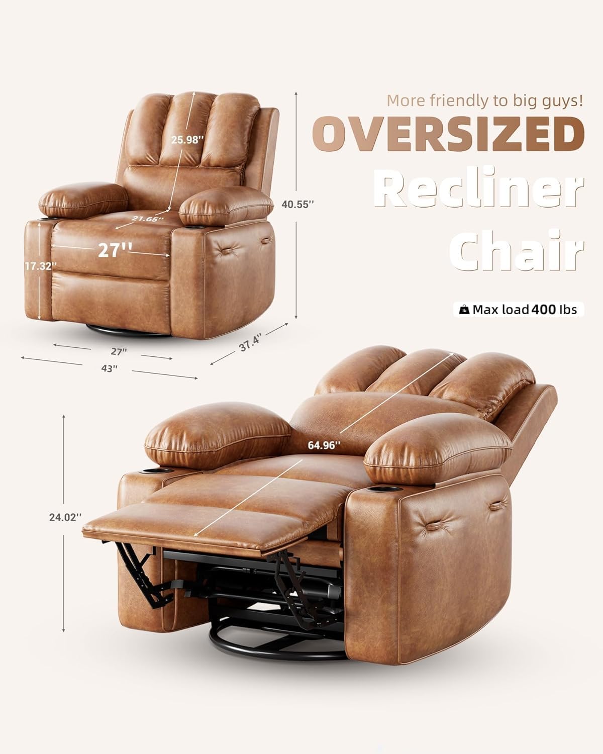 Oversized Electric Recliner Chair for Adults, Swivel Rocker Recliner with Massage and Heat, Pu Leather Single Sofa with Cup Holder and Side Pocket, for Living Room, Bedroom, Vintage Leather