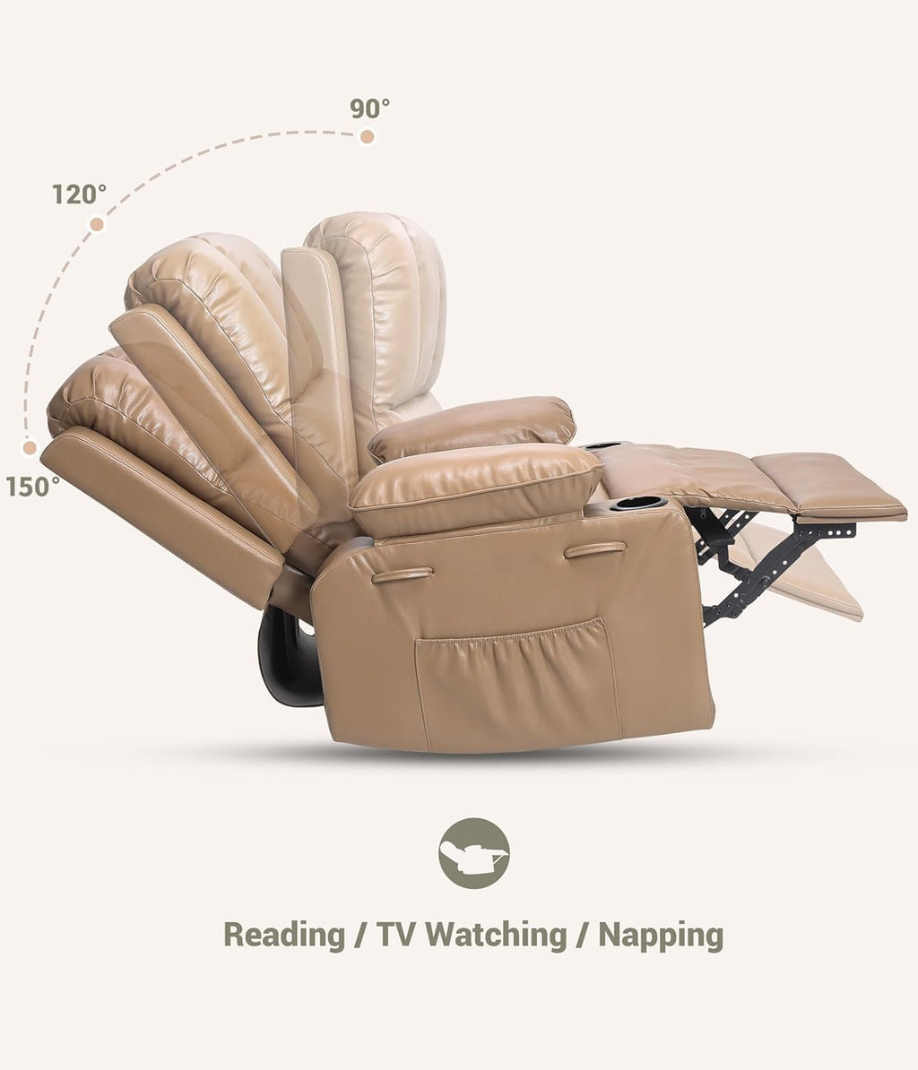 GarveeLife Oversized Recliner Chairs with Heat and Massage - Lazy Sofa for Adults- Manual Chair Recliner with Cup Holder for Living Rooms, Bedrooms and Nurseries - Tan
