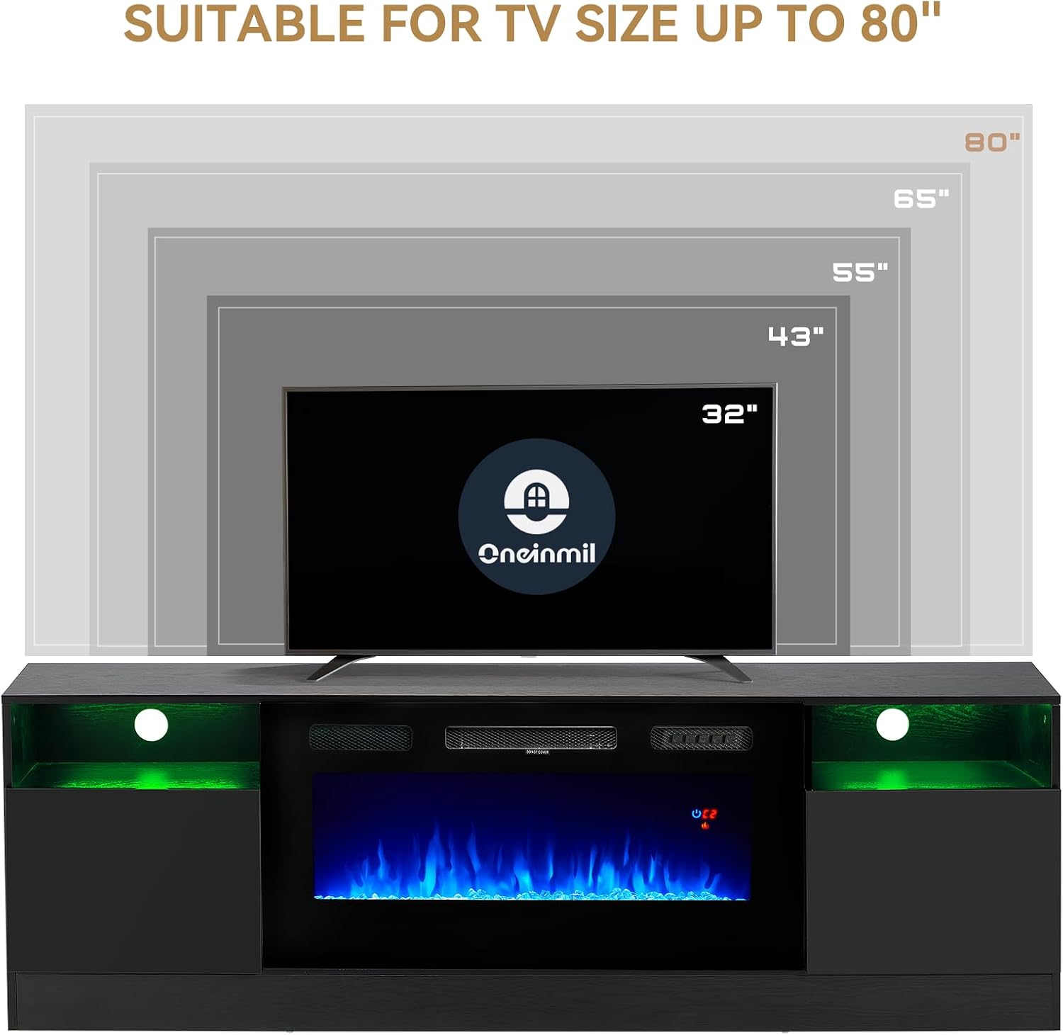 oneinmil Fireplace TV Stand with 36' Electric Fireplace, LED Light Entertainment Center, Modern Wood Texture Entertainment Stand with Highlight Storage Cabinet for TVs Up to 80', 70 inches, Black