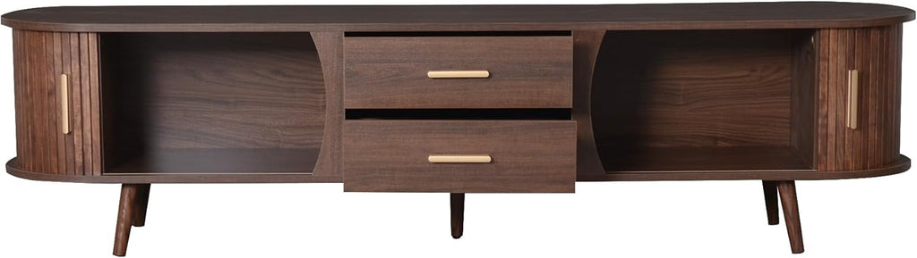 Merax 70' Fluted TV Stand for TVs Up to 80', Mid Century Entertainment Center with Sliding Tambour Doors and Drawers, Modern Curved Media Console with Storage for Living Room, Walnut