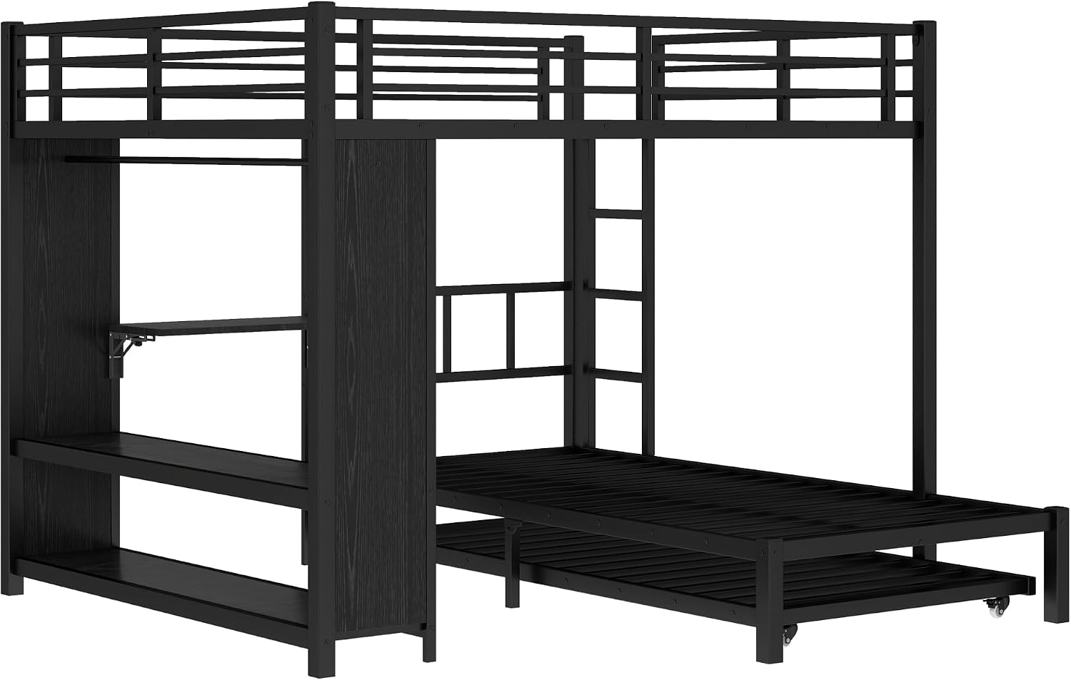 Bellemave Queen Over Twin XL bunk Bed with Foldable Desk and Wardrobe and Twin Trundle, loft Bed with Desk and Desk, Metal Bunk Beds with Storage, Black