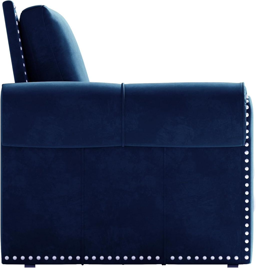 93.7' King Pull Out Sofa Bed, Velvet Sleeper Sofa Couch, 3 in 1 Convertible Futon Couches for Living Room, Small Space, Apartment, Office, Bedroom, Modern Rivet Armrest, Blue