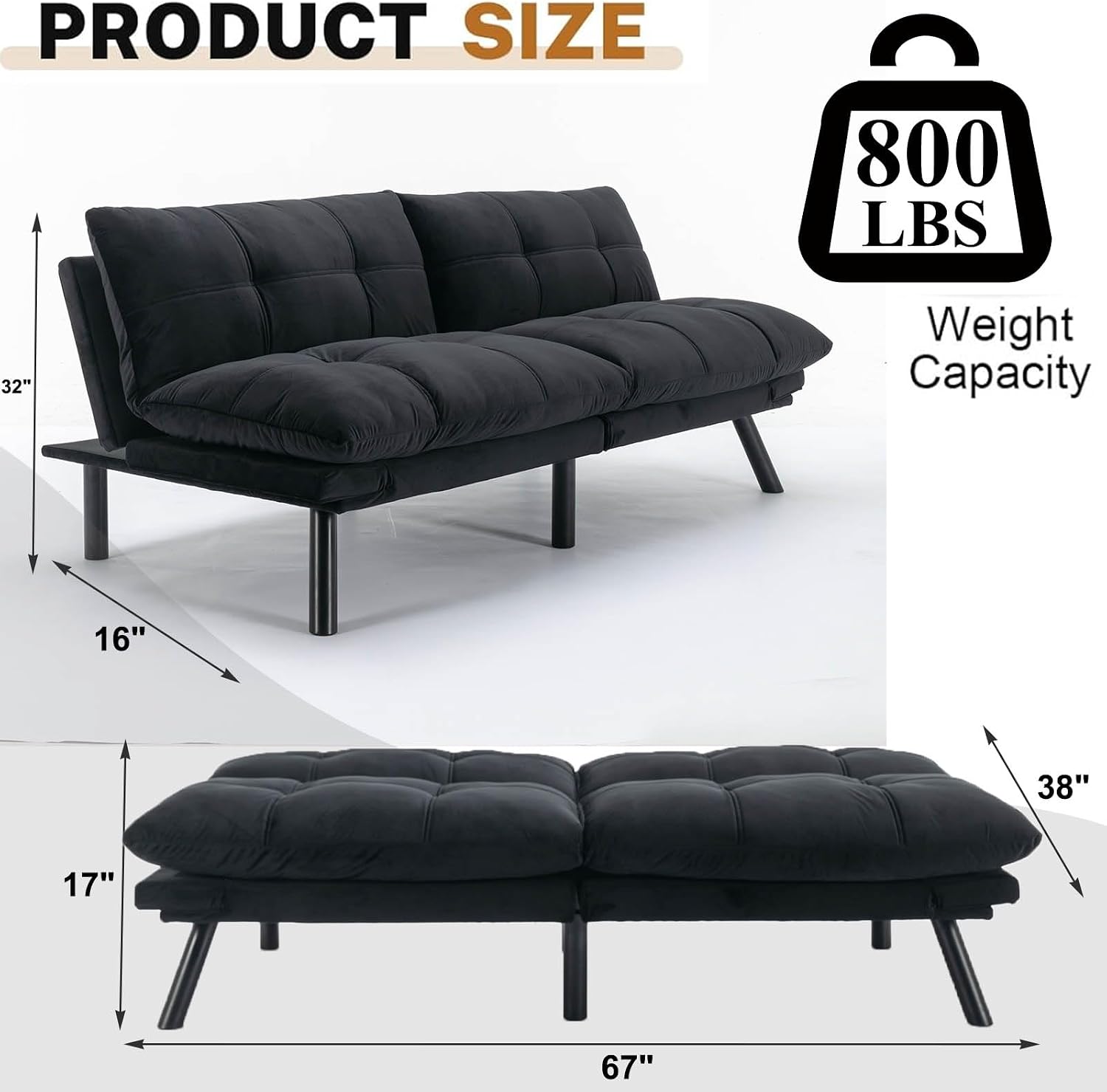 Anwick Velvet Convertible Futon Sofa Bed,71' Modern Comfy Loveseat Sleeper Sofa with Adjustable Backrest Armrest,Folding Futon Sleeper Recliner for Living Room,Office,Apartment (Black)