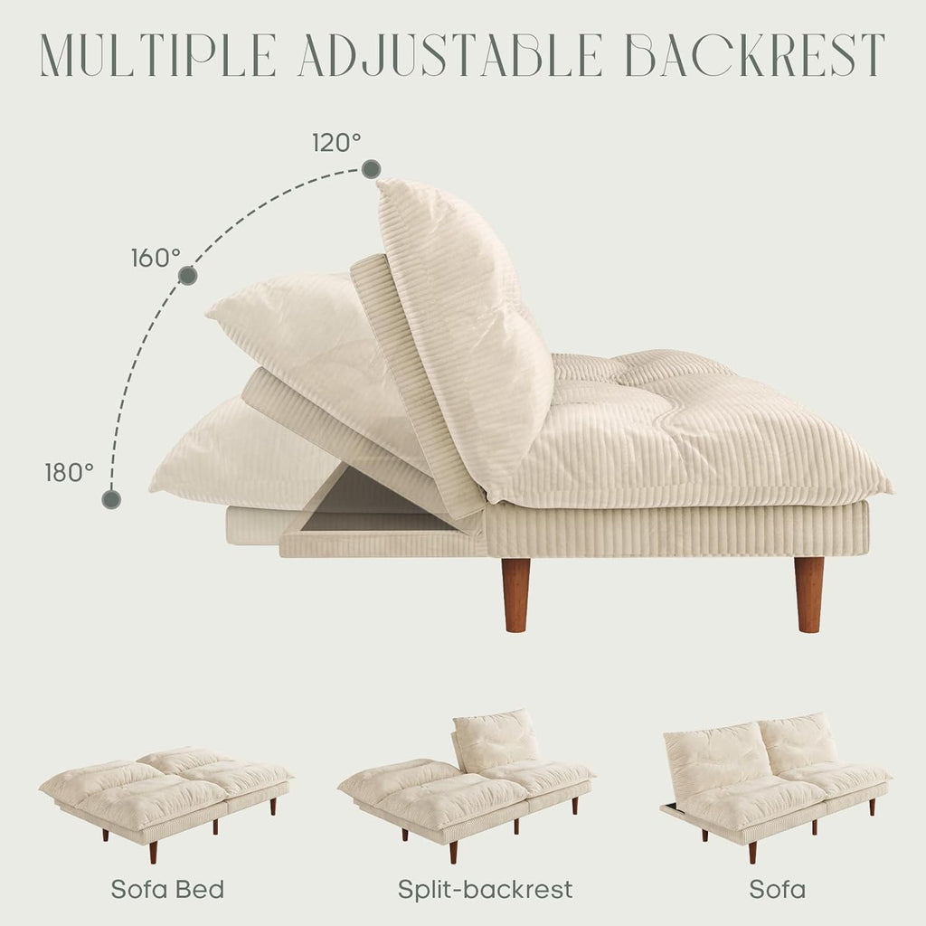 LLappuil Futon Sofa Bed, 69 inch Futon Couch with Adjustable Backrest, Corduroy Convertible Sleeper Sofa Bed, Folding Sleeper Recliner, Loveseat for Apartment, Living Room, Office (Beige)