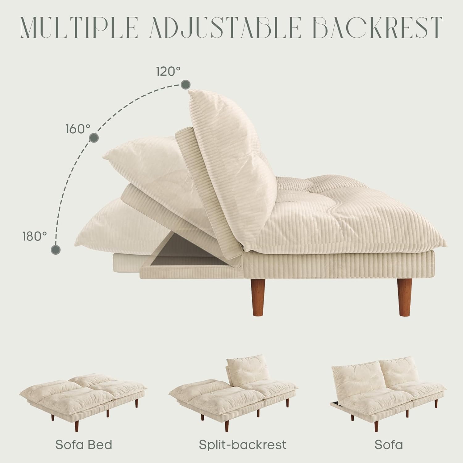 LLappuil Futon Sofa Bed, 69 inch Futon Couch with Adjustable Backrest, Corduroy Convertible Sleeper Sofa Bed, Folding Sleeper Recliner, Loveseat for Apartment, Living Room, Office (Beige)