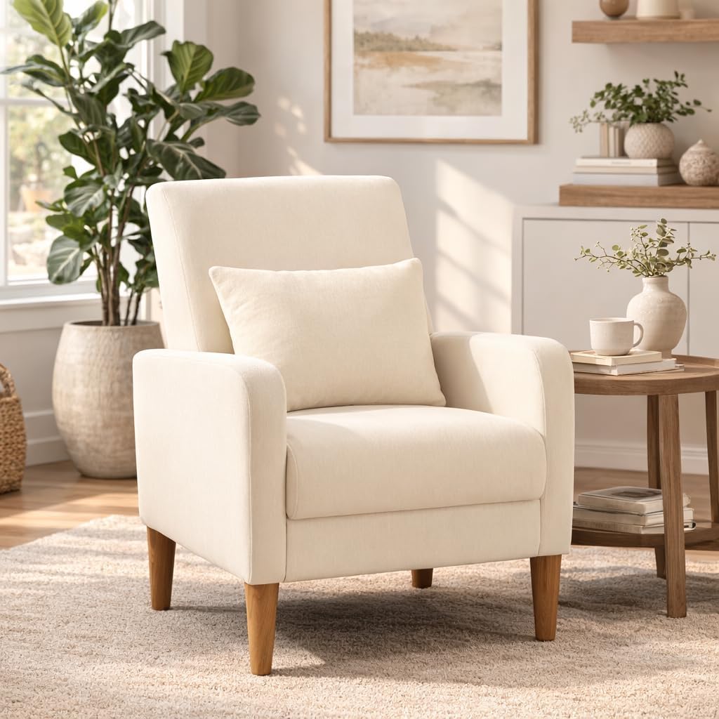 COLAMY Mid-Century Modern Accent Chair with Back Pillow, Upholstered Fabric Armchair with Solid Wood Legs, Reading Lounge Chair for Living Room, Bedroom, Office, Apartment & Small Spaces, Beige