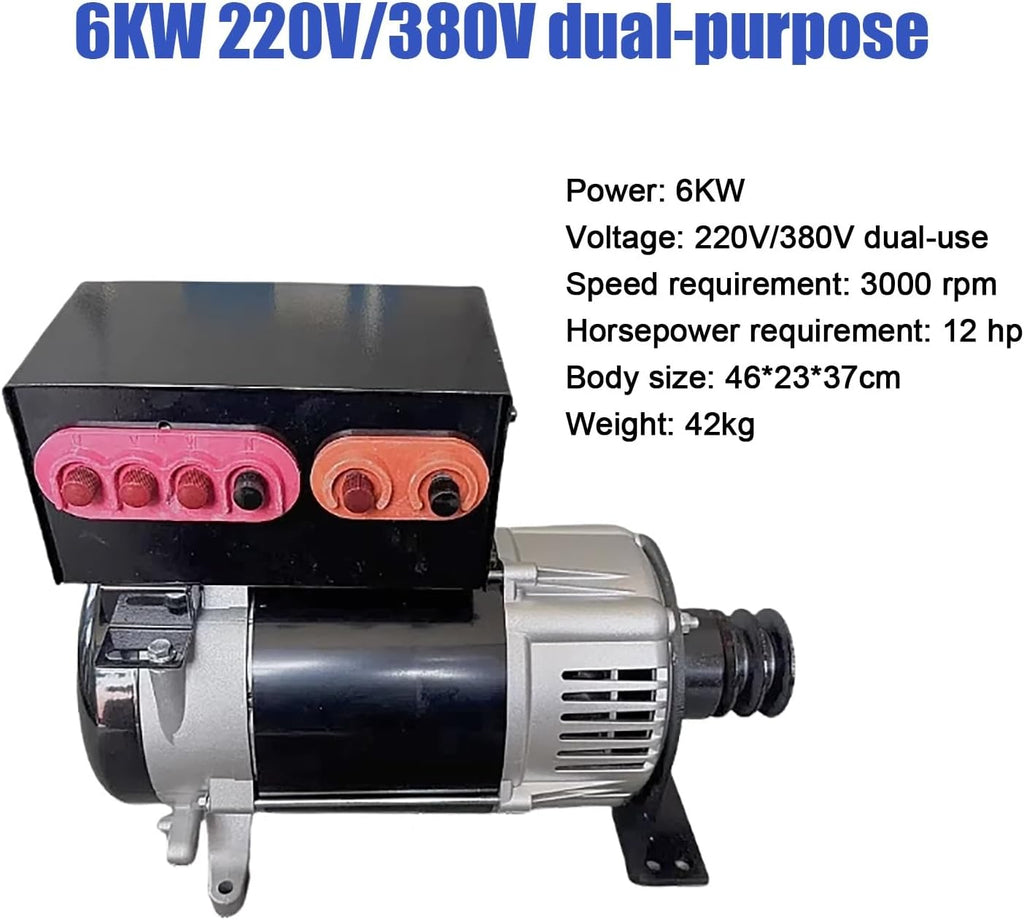 5KW-10KW Belt-Driven High Power Generator (Copper Coil, 220V/380V AC, Single/Three Phase) – Portable Gas/Diesel Engine Power Supply & Home Backup Generator(220V/380V dual-use,6KW)