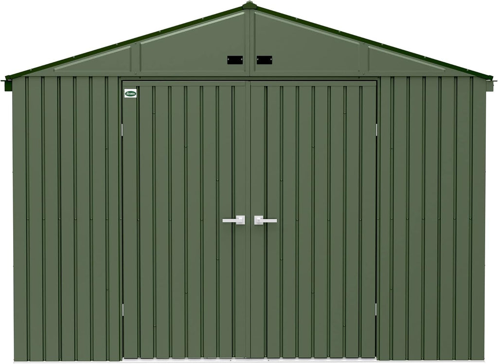 Scotts 10' x 8' Outdoor Lockable Water-Resistant Steel Storage Shed Building with Tool Hanger and Gable Roof, Green