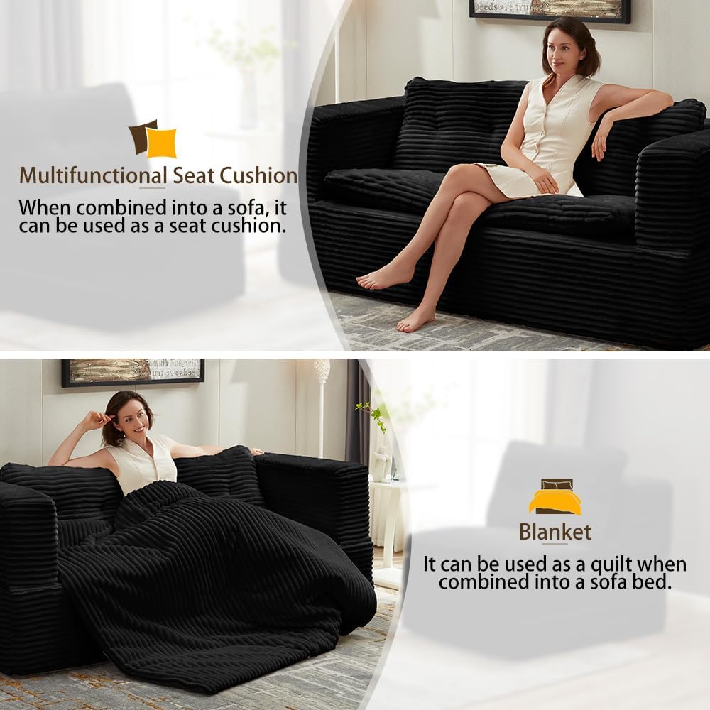 80'' Futon Sofa Bed, King Size Foldable Sleeper Sofa, Corduroy Boneless Loveseat Couch with Chaise Lounge, 3 Pillows, Blanket, Upholstered Sectional Couches for Living Room, Bedroom, Black