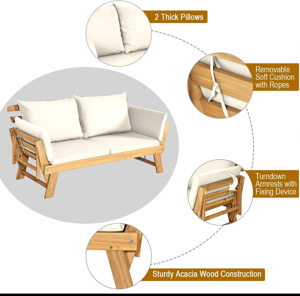 Tangkula Convertible Acacia Wood Patio Couch Sofa Bed with Adjustable Armrest, Outdoor Daybed with Cushion & Pillows, Outside Folding Futon Sofa Couch Bench for Porch, Courtyard, Poolside & Garden