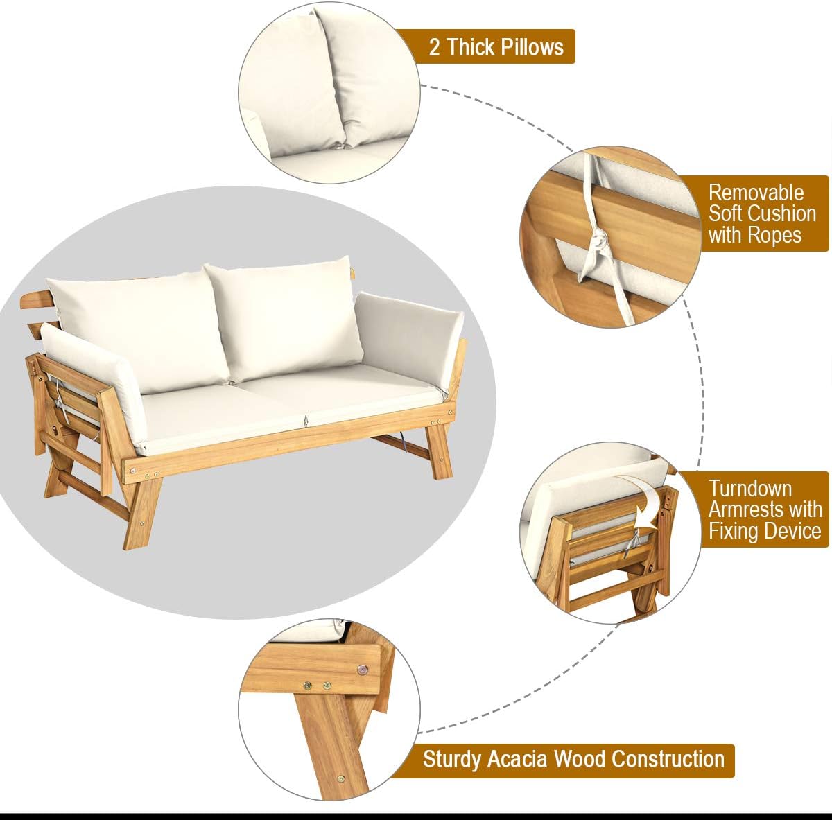 Tangkula Convertible Acacia Wood Patio Couch Sofa Bed with Adjustable Armrest, Outdoor Daybed with Cushion & Pillows, Outside Folding Futon Sofa Couch Bench for Porch, Courtyard, Poolside & Garden