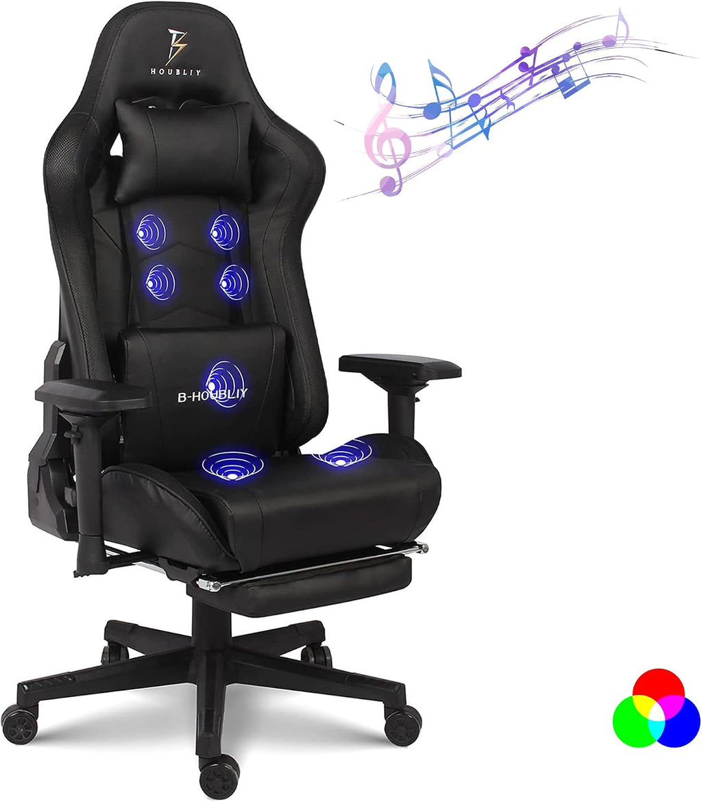 Gaming Chairs for Adults Massage Video Game Chairs with Speakers and RGB Lights, Ergonomic High Back Computer Chair with Footrest and 4D Handrail PU Leather 360° Swivel Racing Chair,Black