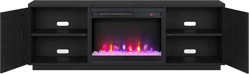 Henn&Hart Fluted TV Stand for TVs up to 75' with 26' Electric Crystal Rocks Fireplace and Ribbed Side Storage Cabinets for Living Room, Family Room, or Office, Natural Black