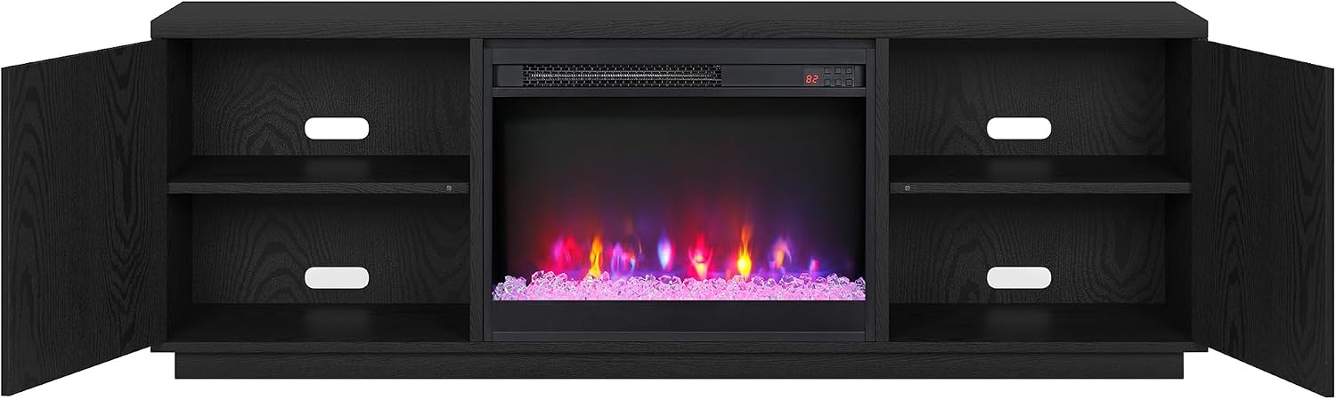 Henn&Hart Fluted TV Stand for TVs up to 75' with 26' Electric Crystal Rocks Fireplace and Ribbed Side Storage Cabinets for Living Room, Family Room, or Office, Natural Black